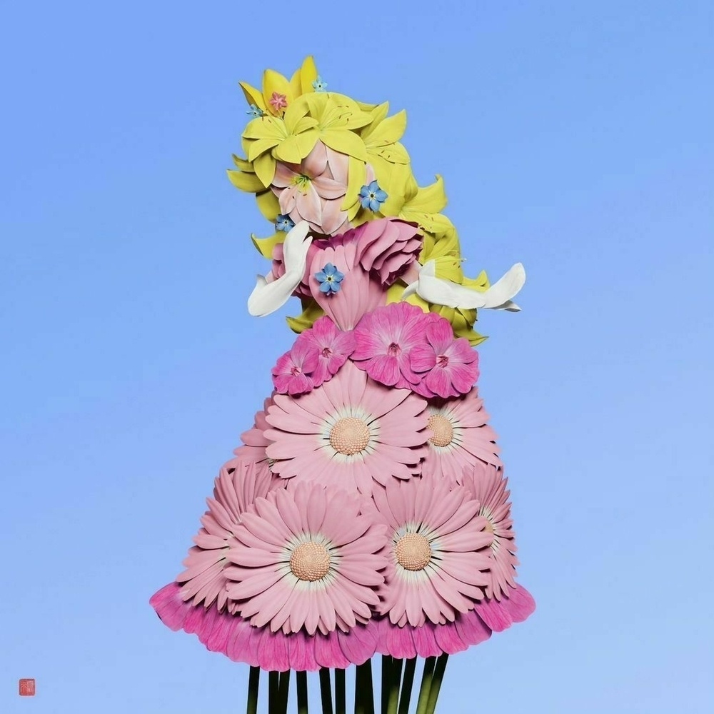 Princess Peach made of daisies, roses, and other flowers.