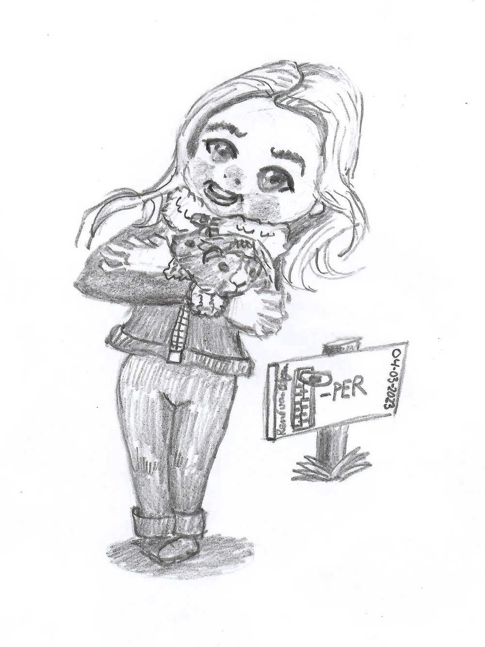 pencil sketch of a stylized woman holding two guinea pigs and sign with a visual puzzle explaining the micro.blog challenge prompt for March 4 #mbmar
