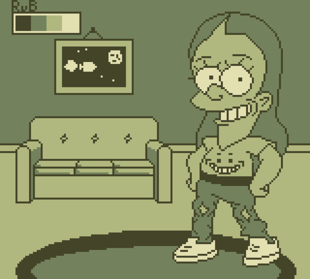 Game Boy pixel art with smiling girl in Simpsons art style