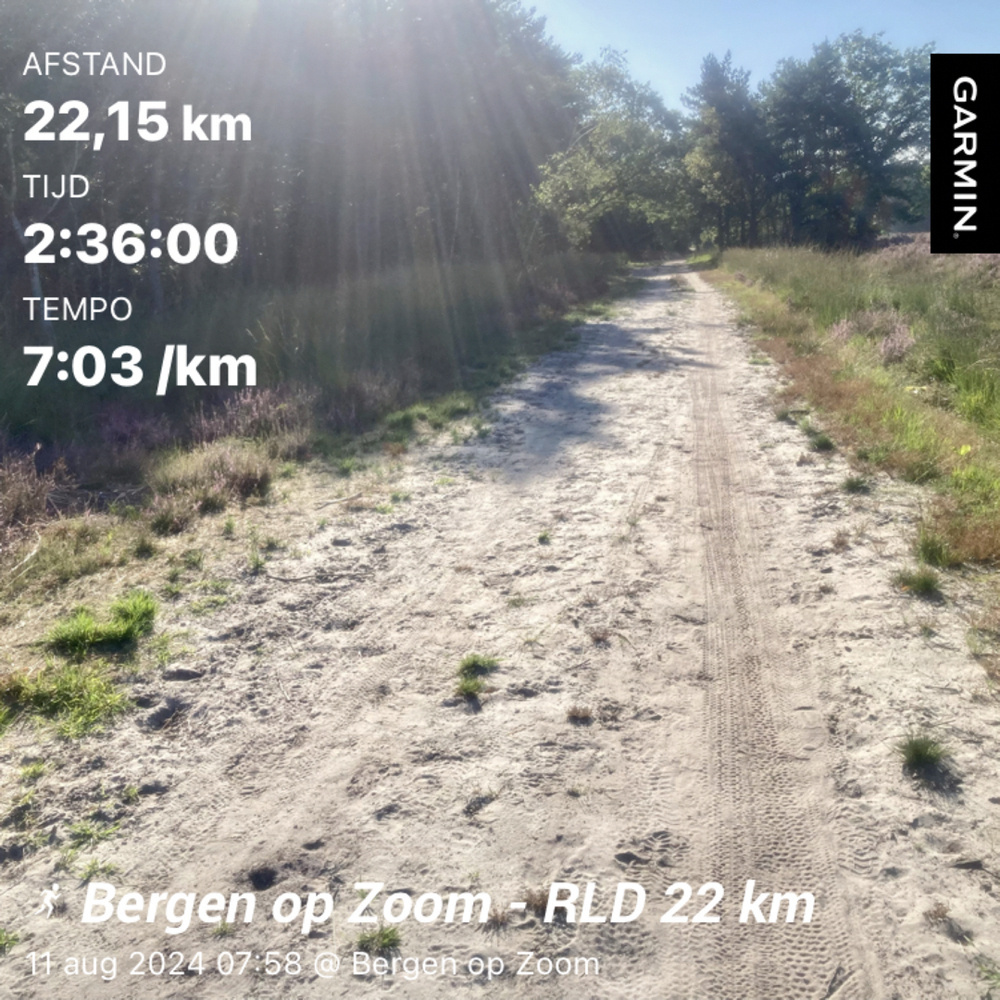 A sandy trail surrounded by grass and trees is shown on a sunny day, with overlaid GPS data indicating a 22.15 km distance run in Bergen op Zoom.