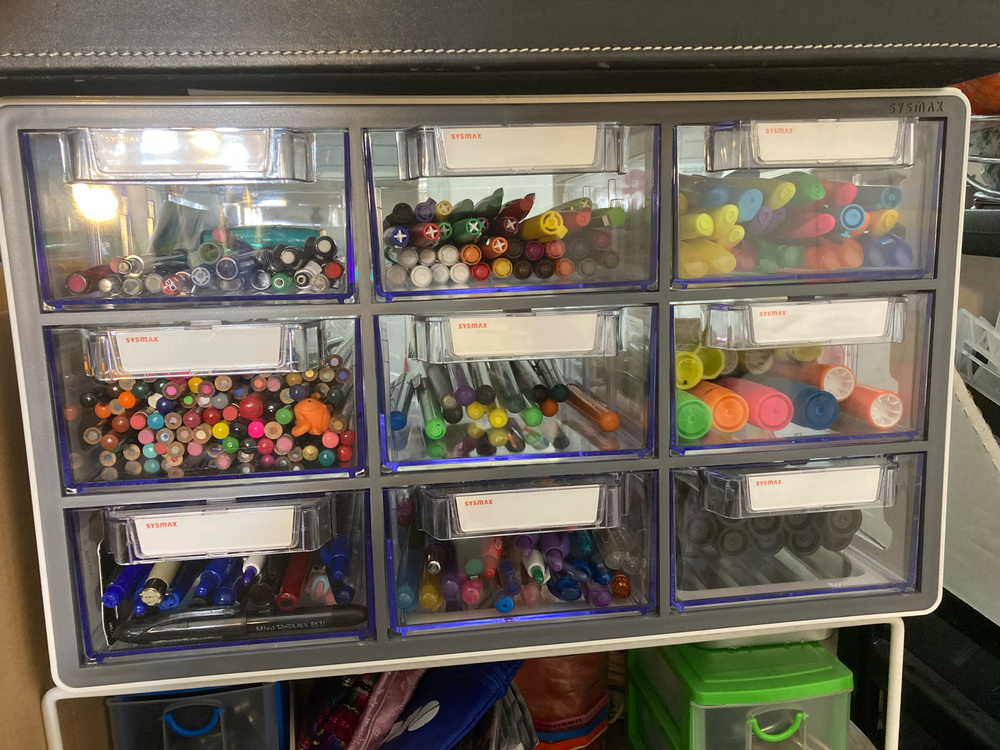 Pens and pencils neatly organized in a plastic box