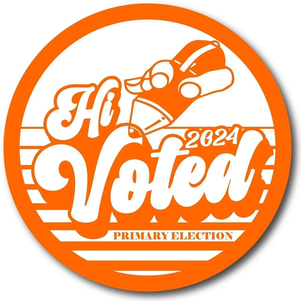 Auto-generated description: A circular, orange sticker features the text Hi Voted 2024 Primary Election with a rocket ship design.