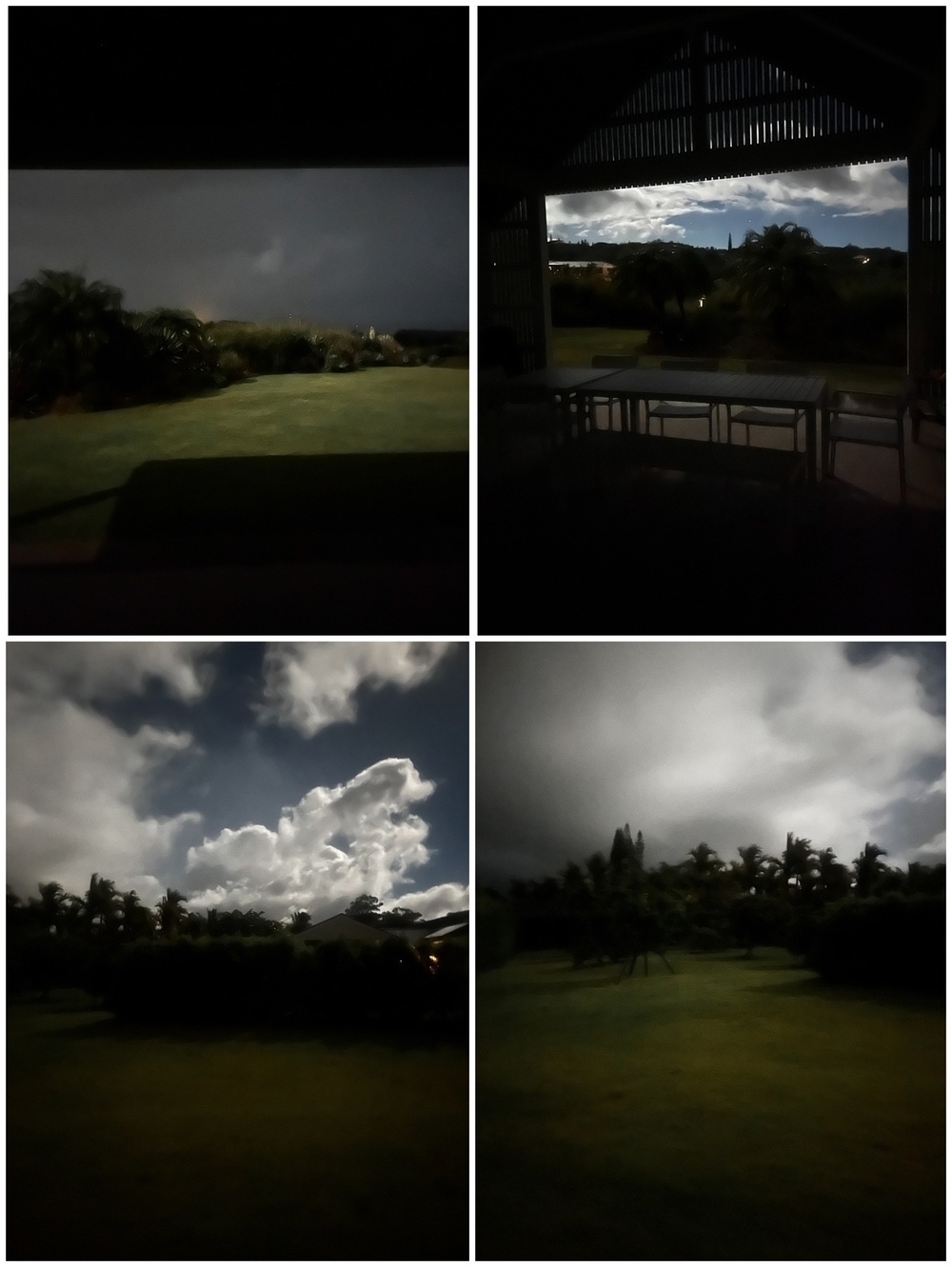 Four photographs taken during a moon lit night, are arranged in a grid, each showcasing a different perspective of a lush, green outdoor area with varying sky conditions from overcast to partly cloudy.