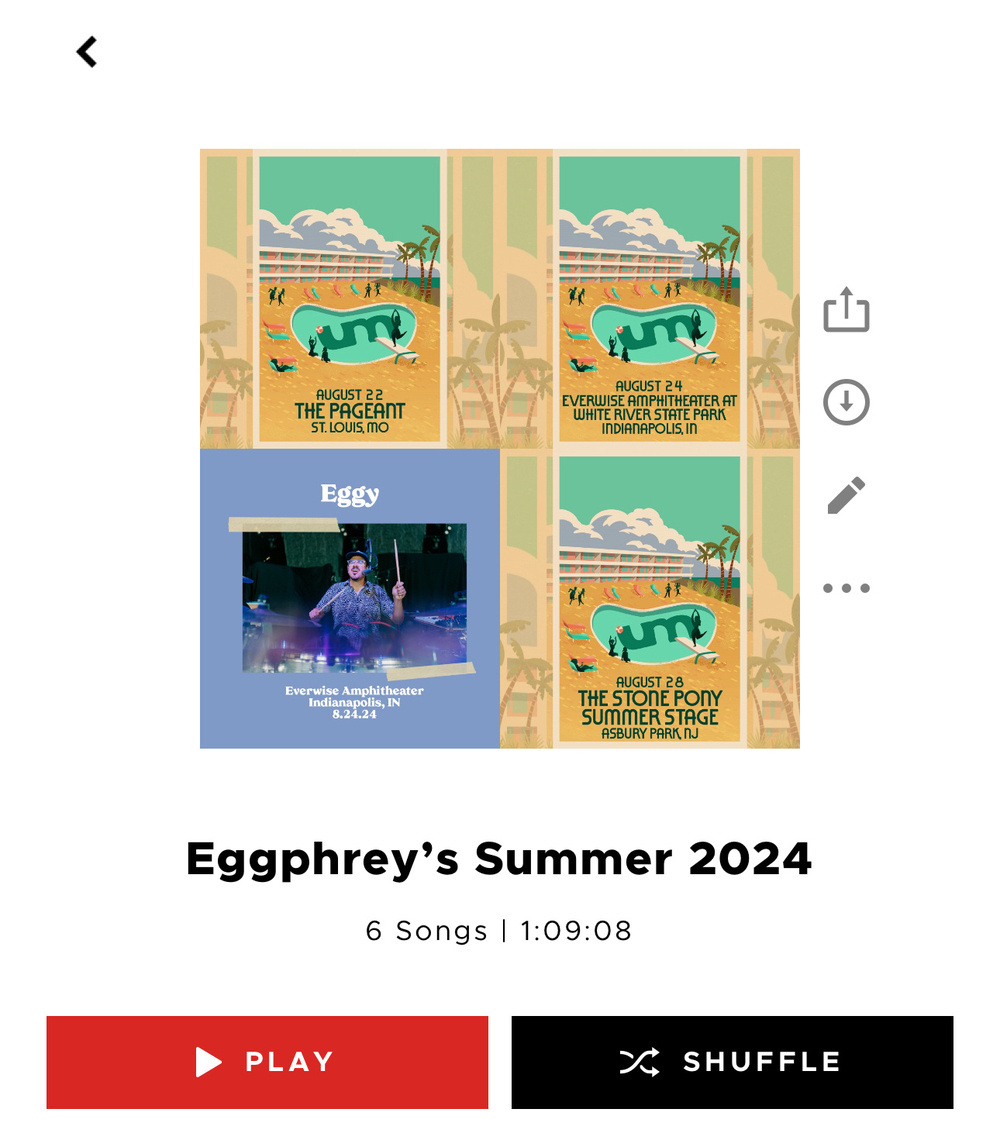 The image features a promotional poster for Eggphrey’s Summer 2024 tour with dates and performances, alongside a playlist titled "Eggphrey’s Summer 2024" on a music platform.