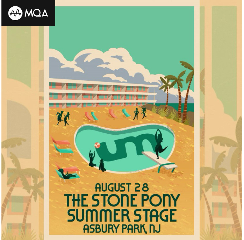 A vibrant and stylized poster features a swimming pool surrounded by colorful deck chairs and palm trees, advertising a summer stage event at The Stone Pony in Asbury Park, NJ on August 28.