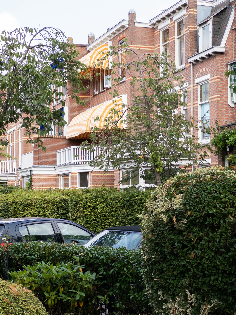 Auto-generated description: A row of brick residential buildings with striped awnings is visible behind a line of parked cars and lush greenery.