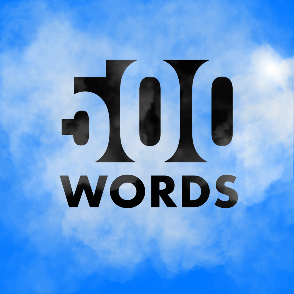 The 500 Words logo is a black and white type treatment of the words, this time on a sky graphic background. 