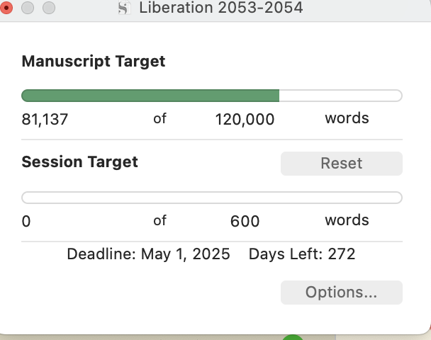 A chart showing word count for a novel in the Scrivener app. The writer is about 81,000 words into a 120,000 word project, with a projected endpoint of May, 2025.