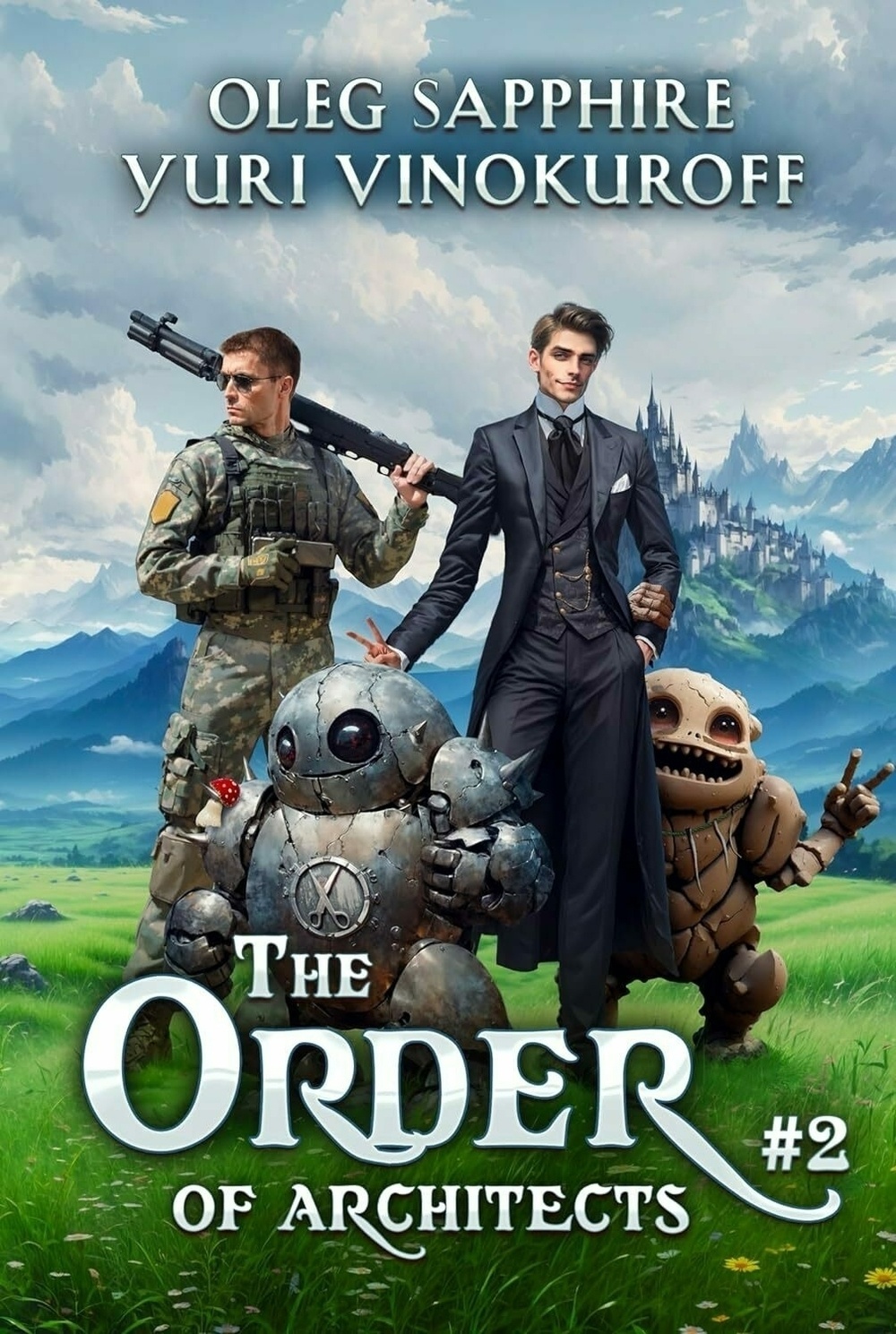 A soldier, a man in a suit, a small robot, and a mechanical creature stand in a lush landscape with a distant castle, featured on the cover of The Order of Architects #2 by Oleg Sapphire and Yuri Vinokuroff.