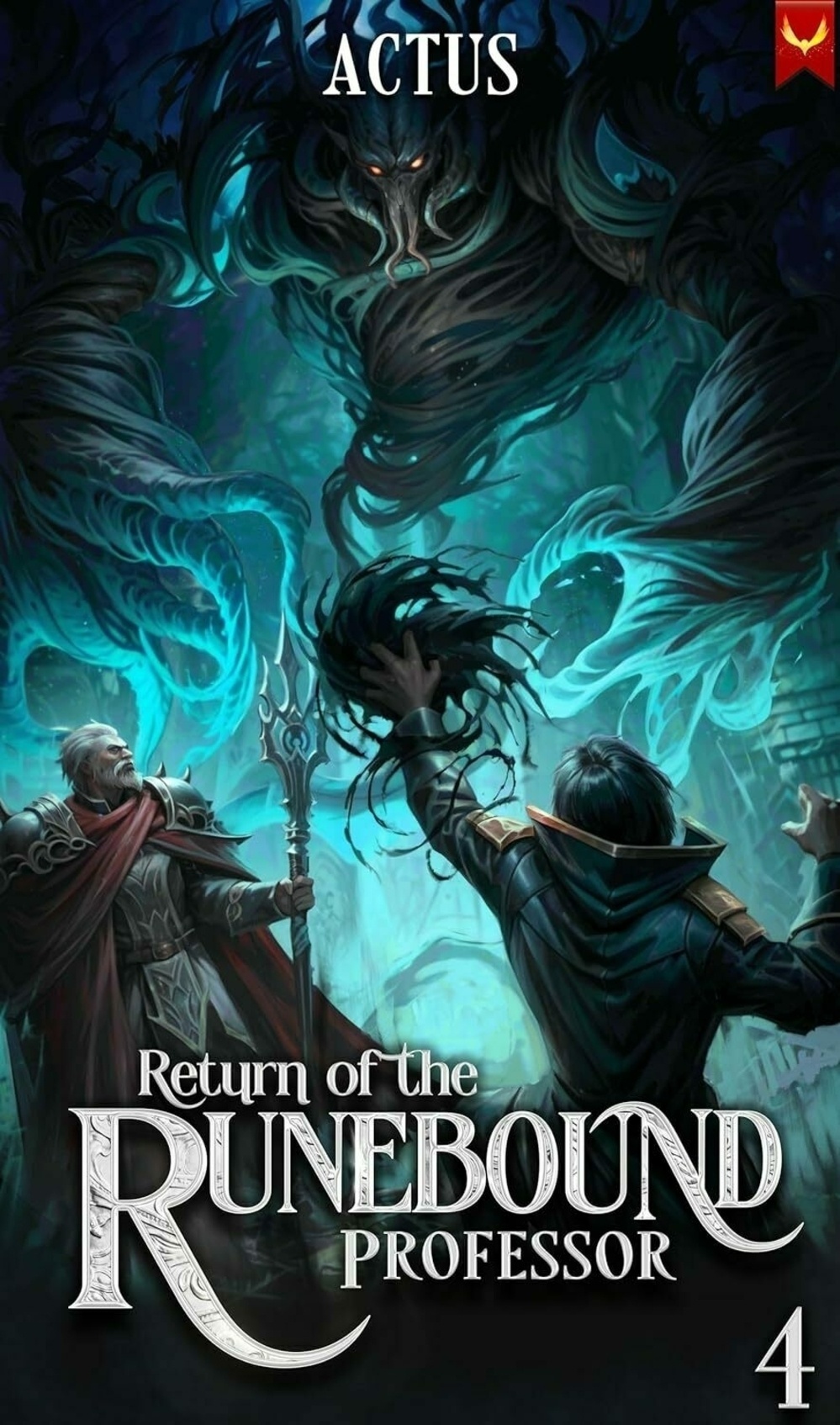 A dramatic fantasy scene features two cloaked figures with magical elements surrounded by ominous mystical energies and a shadowy creature overhead, accompanied by the text Return of the Runebound Professor.