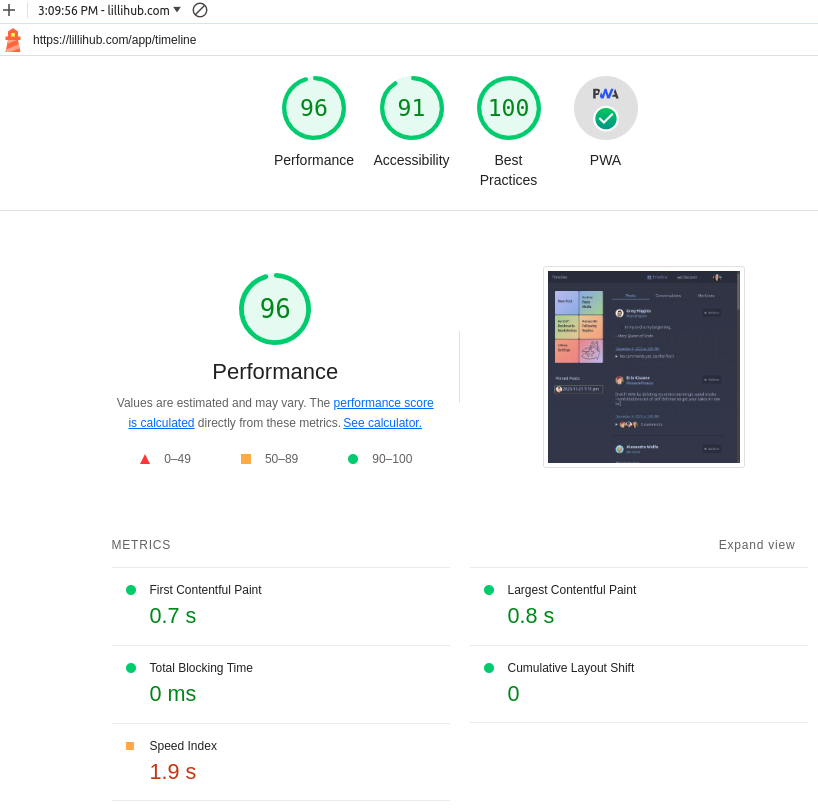 screenshot of the goolgle Lighthouse score for Lillihub.  Perfomance is listed at 96/100, Accessibility 91/100, Best Practices at 100/100 and PWA checked off.