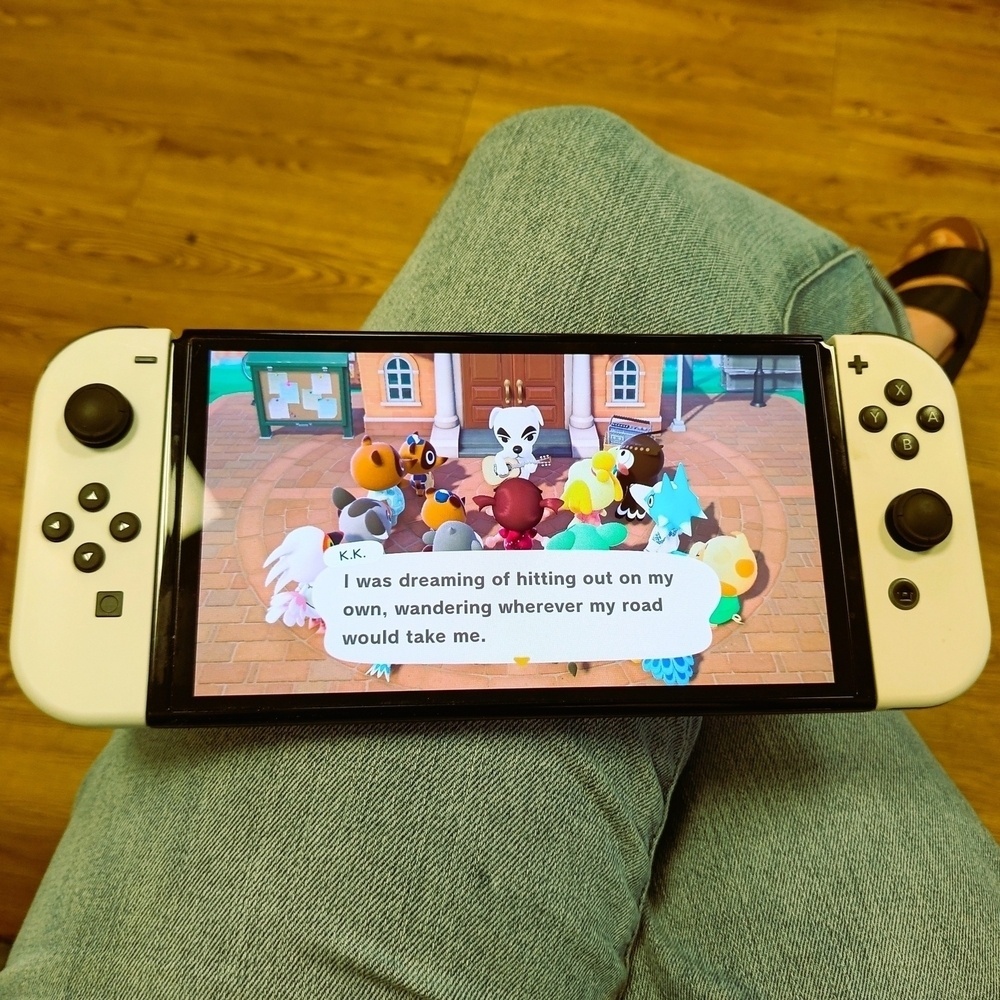 Auto-generated description: A person is holding a Nintendo Switch console, playing a game featuring anthropomorphic animal characters gathered around a central character with dialogue on the screen.