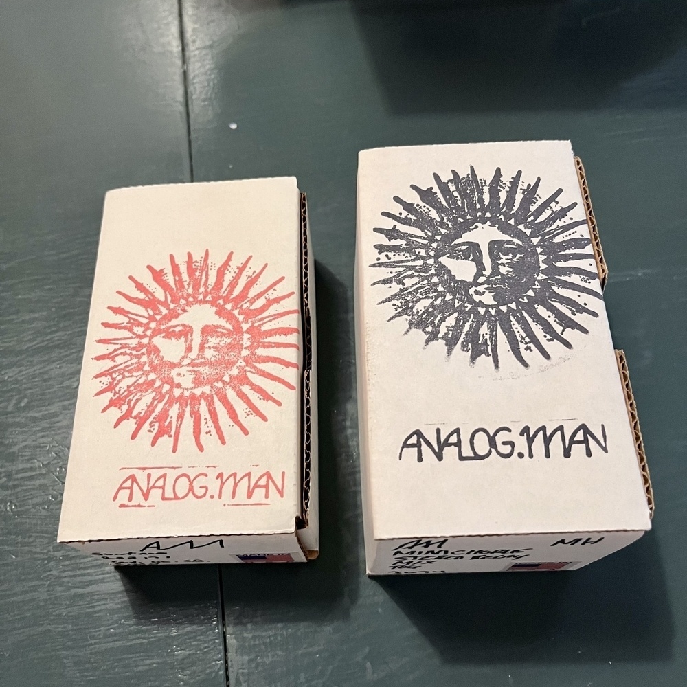 Two boxes for Analogman Pedals.