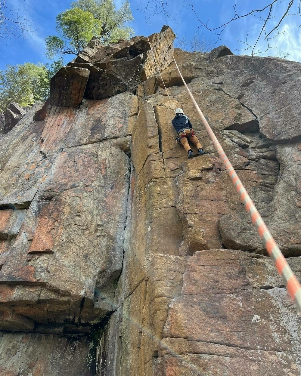 Person rock climbing, ascending a vertical rock face with safety harness and rope, surrounded by trees and clear sky above.