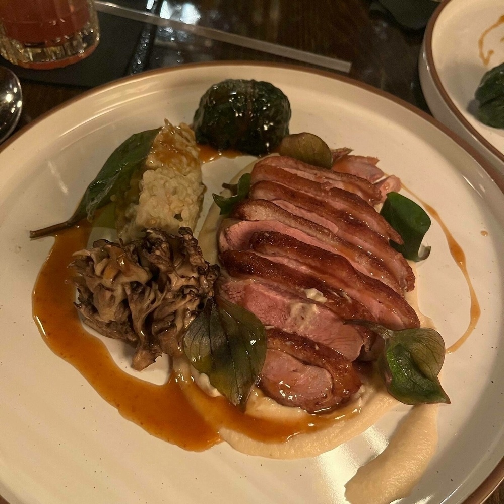 Sliced duck breast arranged next to a scoop of risotto, a rolled green leaf, mushrooms, and puree on a round white plate, suggesting an upscale dining experience.