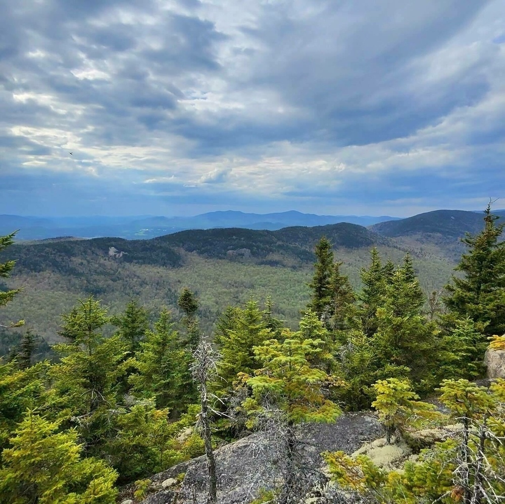 A panoramic view from a mountain summit showing evergreen trees in the foreground, rolling hills in the mid-ground, and a dramatic cloudy sky above.