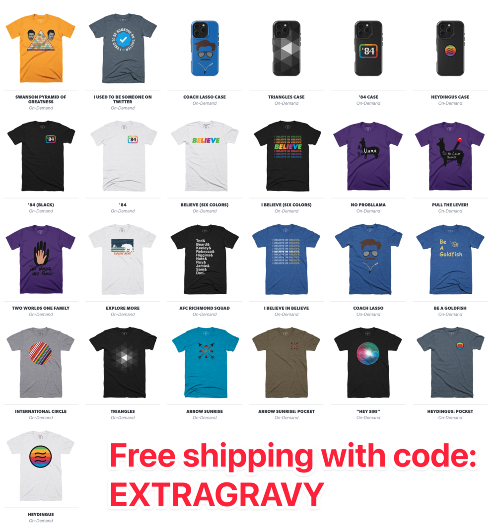 A grid displays various t-shirts and phone cases with unique designs and slogans, such as “I Believe in Believe” and “Be a Goldfish.” Text states: &ldquo;Free shipping with code: EXTRAGRAVY.”