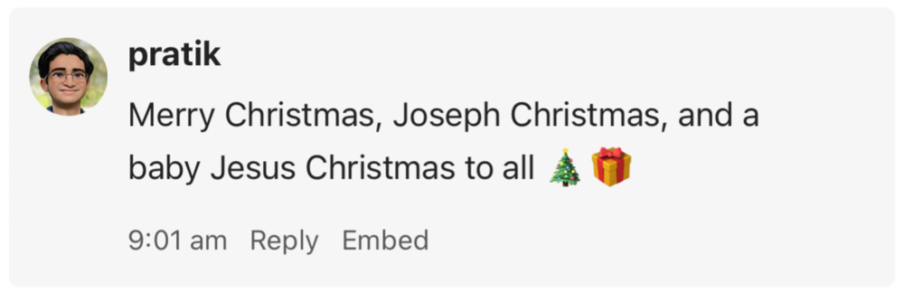 A social media post from Pratik reads, &ldquo;Merry Christmas, Joseph Christmas, and a baby Jesus Christmas to all&rdquo; with Christmas tree and gift emojis.