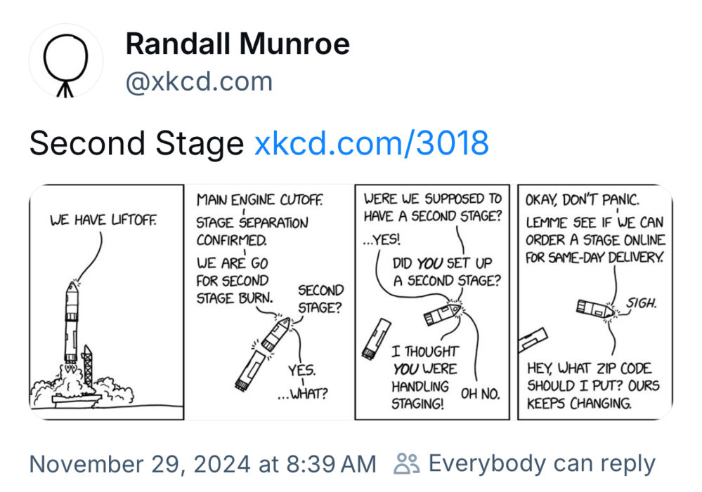 Comic strip depicts a rocket in four panels. Panel 1: Rocket launches with text &ldquo;We have liftoff.&rdquo; Panel 2: Rocket separates; text discusses second stage. Panel 3: Confusion about stage setup. Panel 4: Joke about ordering a replacement stage for delivery.
