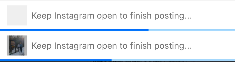 Notification banners with text read &ldquo;Keep Instagram open to finish posting…&rdquo; displayed above a blurred background image.