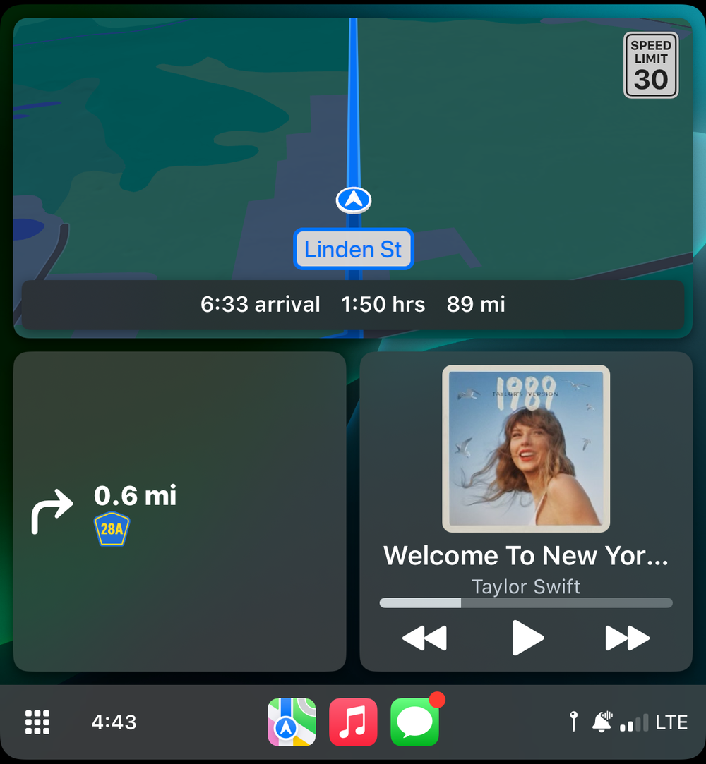 Navigation map displays route on Linden St with an arrival time of 6:33, covering 89 miles in 1:50 hours. Music player shows &ldquo;Welcome To New York&rdquo; by Taylor Swift.