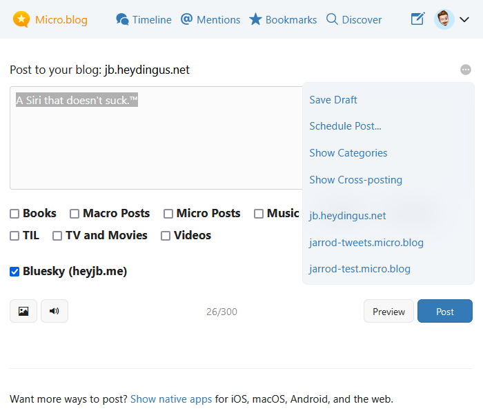 Screenshot of Micro.blog's post writing interface with no Title field in sight, despite all the options to show more things selected.