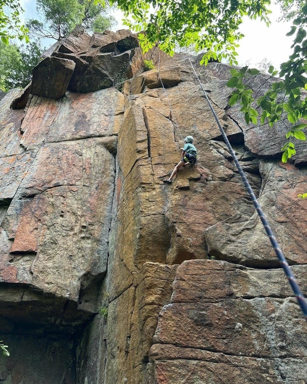 A person wearing a helmet climbs a steep rocky cliff using a rope amid lush green foliage under a bright sky.