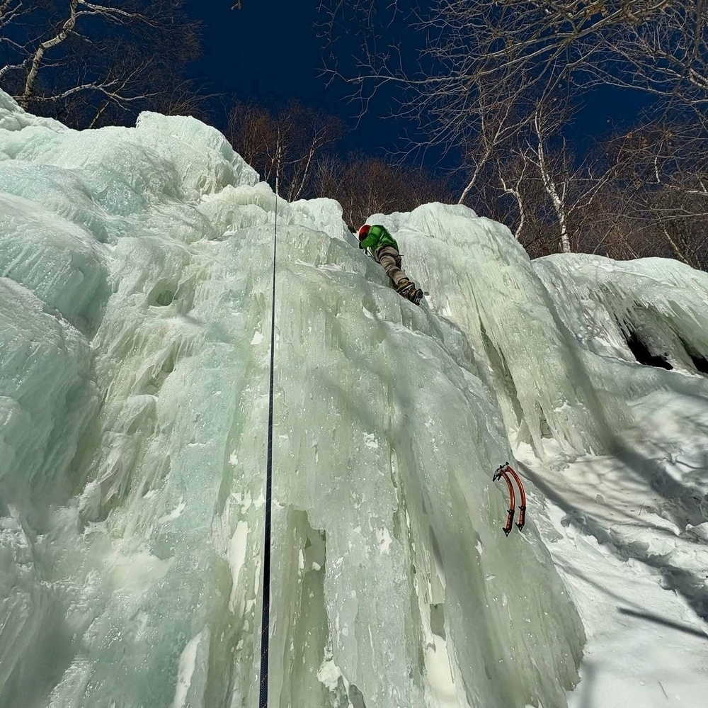 A climber ascends a large ice formation using climbing gear while surrounded by snow-covered ground and leafless trees against a clear blue sky.