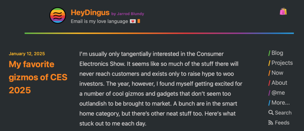 Header displays &ldquo;HeyDingus by Jarrod Blundy&rdquo; with a rainbow gradient line. Title reads &ldquo;My favorite gizmos of CES 2025&rdquo; dated January 12, 2025. Text discusses excitement for Consumer Electronics Show gadgets. Menu on the right includes links like Blog, Projects, and Search.