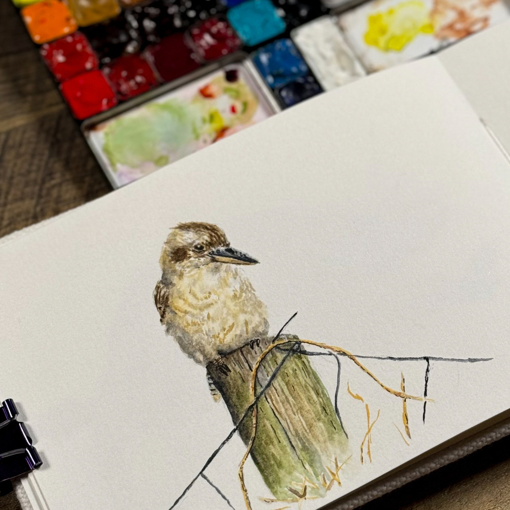 A watercolor painting of a kookaburra perched on a post, created in an Etchr A6 hot press sketchbook. The painting is accompanied by an open watercolor palette in the background.