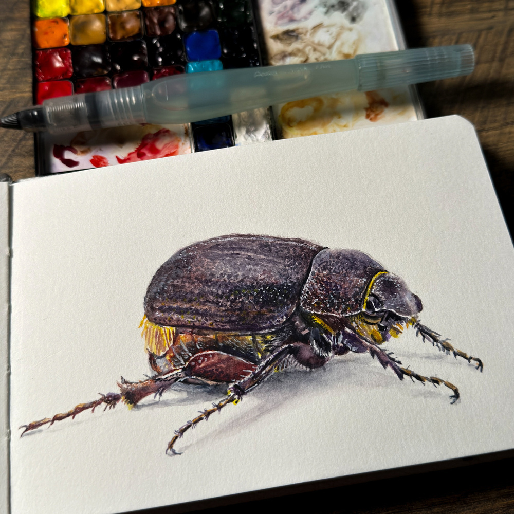 An intricately detailed watercolor painting of a June bug in a small white sketchbook with a vibrant palette.