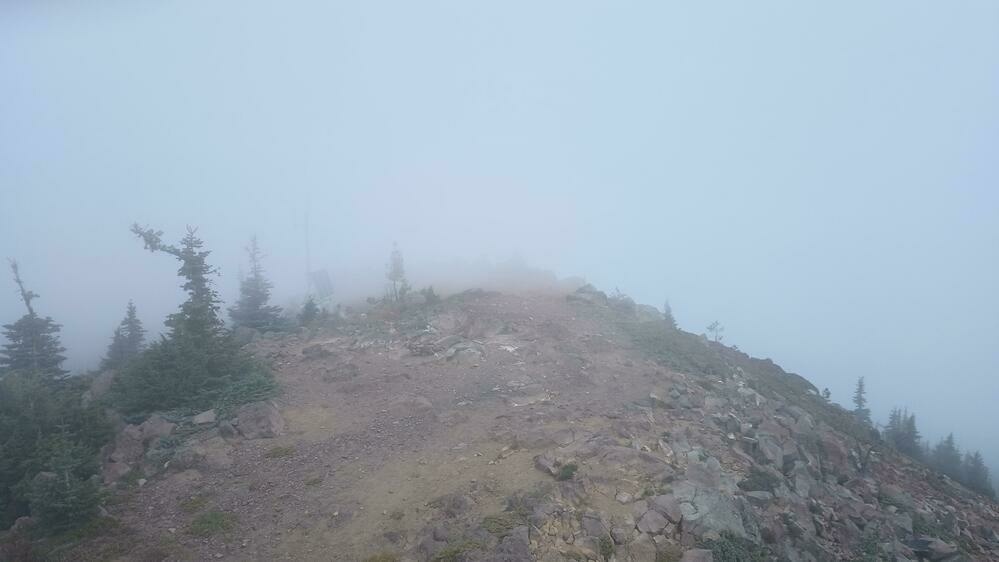 A dusty mountain top disappears into thick fog.