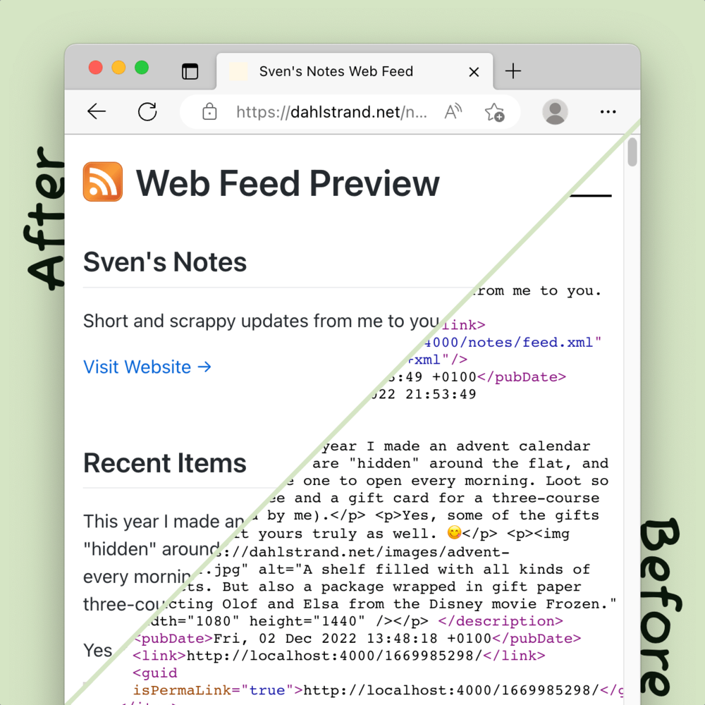 A split view of the same web feed: before and after. The before shows a plain text XML representation of content. Boring! The after shows a pretty-looking preview of the same.