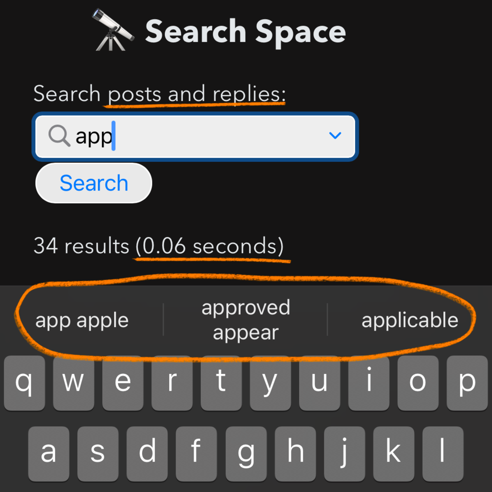 Screenshot of a search page. The word app is written in a text field labeled search posts and replies. Three suggestions are shown to the user: app apple, approved appear, and applicable. It's fast! The results are fetched in 0.06 seconds.