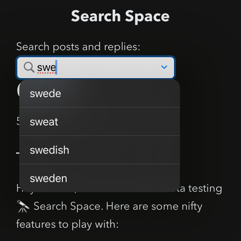 Screenshot of a search field with three letters entered: swe. Four suggestions are shown to the user: swede, sweat, swedish, and sweden.