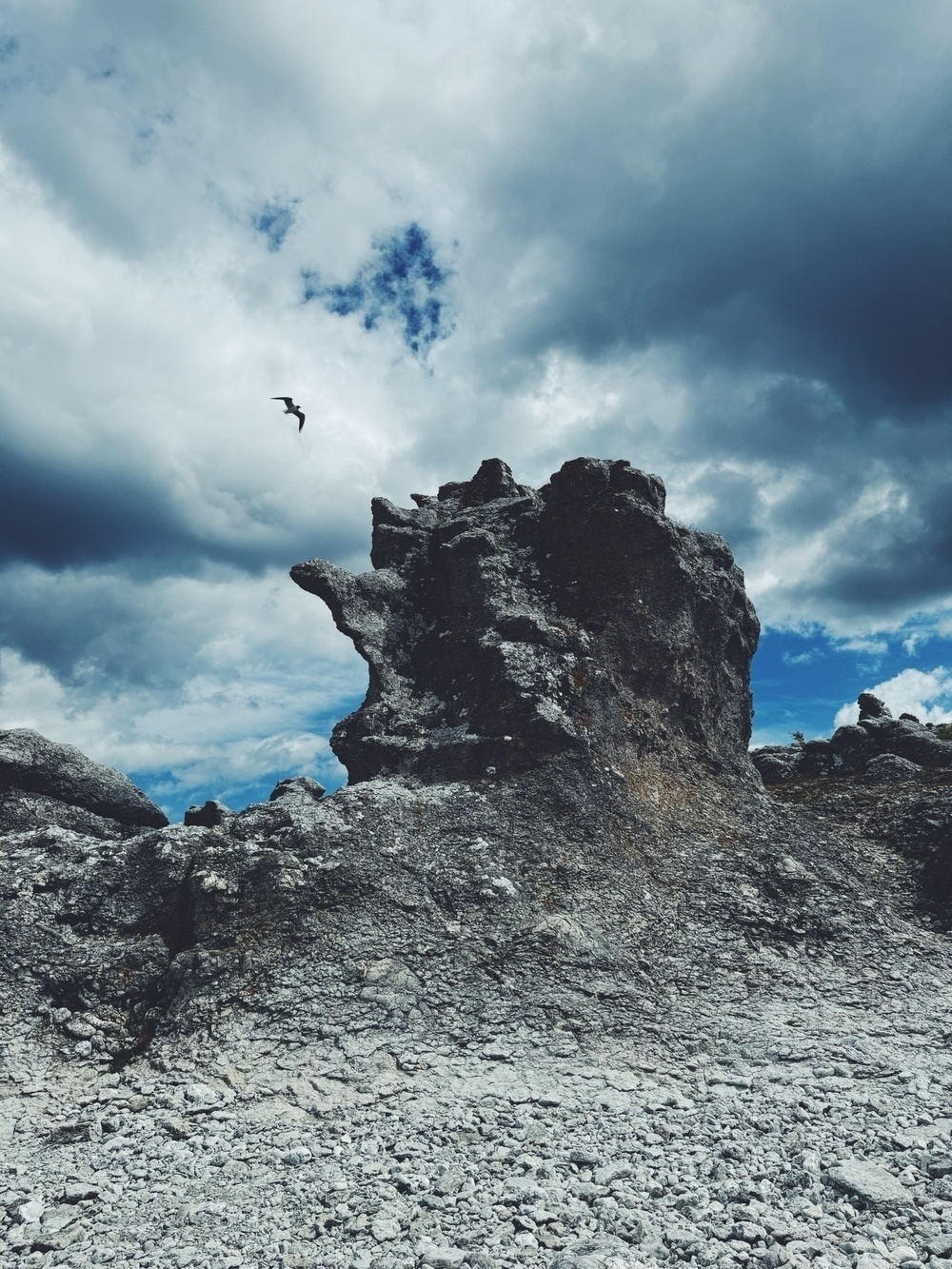 A rugged limestone formation stands prominently against a dramatic cloudy sky. The rock has an uncanny resemblance to a face, with pronounced features suggesting a nose and chin.