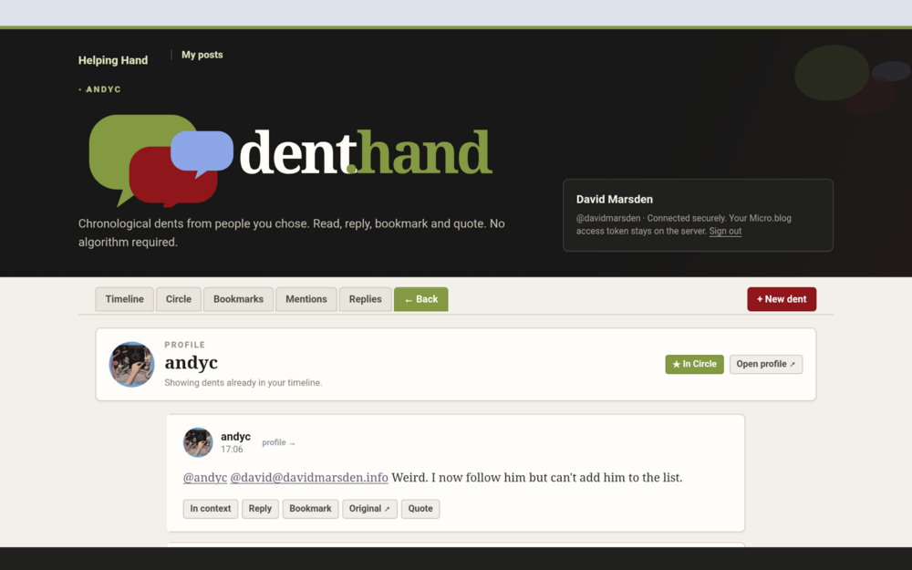 A social media platform called dent DOT hand is shown, featuring a user's profile and a post commenting on following someone but being unable to add them to a list.