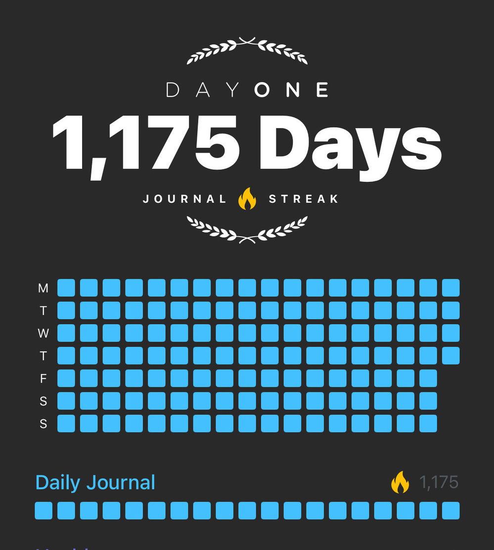 Screenshot showing 1175 days of completing a journal