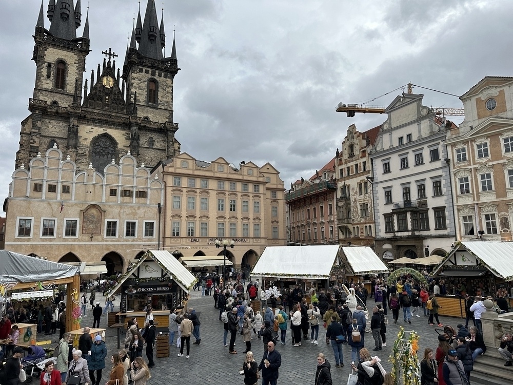 Old Town Square in Prague, with stalls selling food and drink, in celebration of Easter