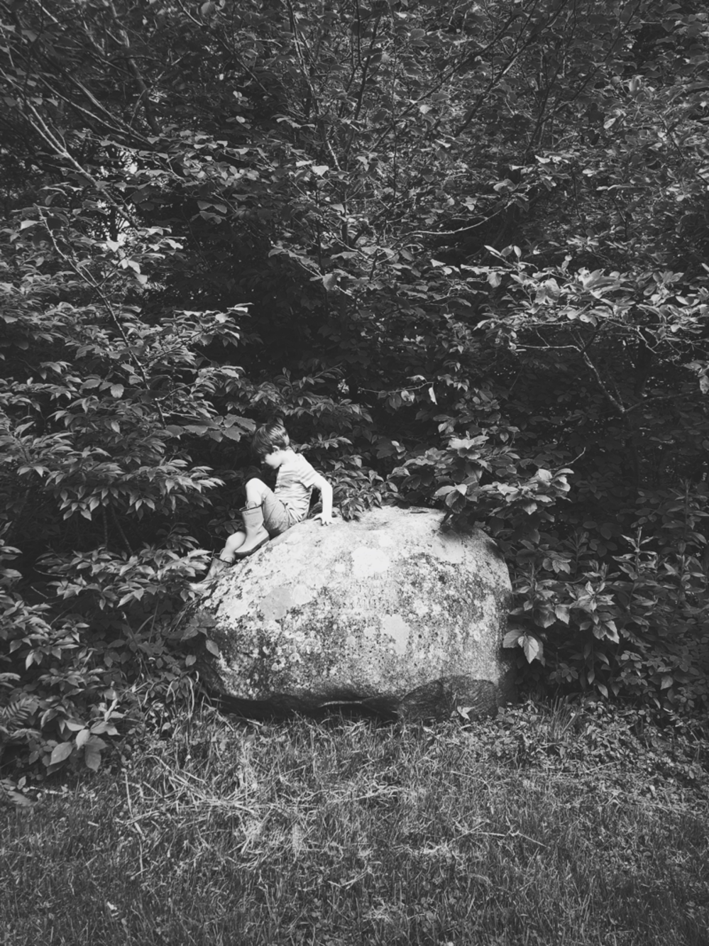Young child climbing on a large boulder.