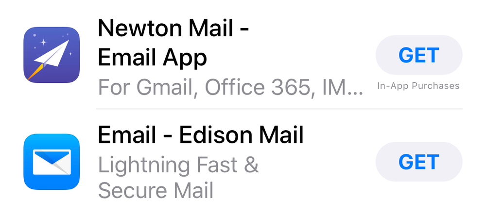 Screenshot from the iOS App Store showing both Edison Mail and Newton Mail.