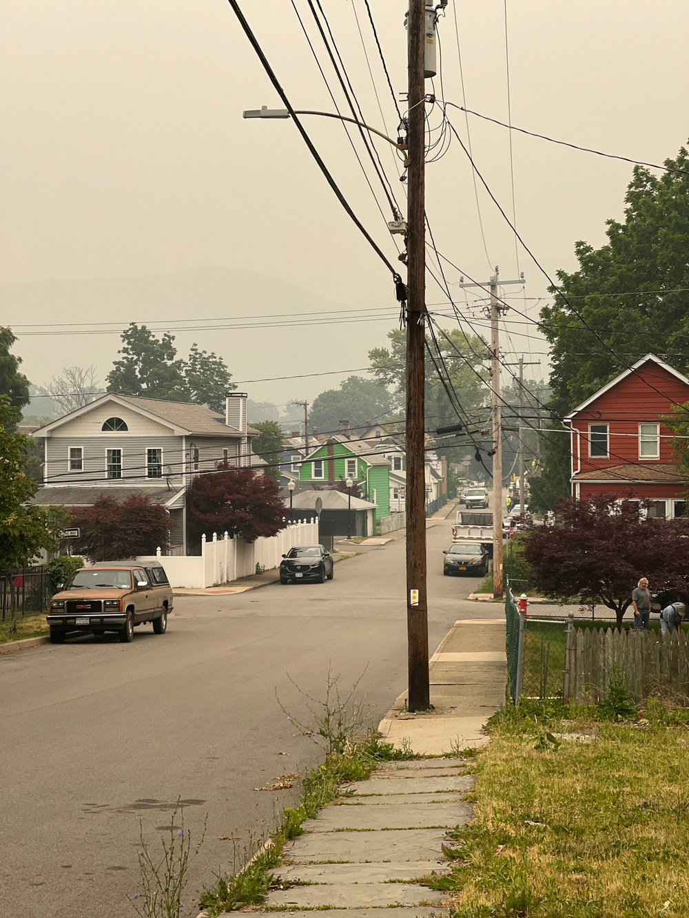 View down the street in Beacon, NY. Mountains totally obscured by wildfire smoke.