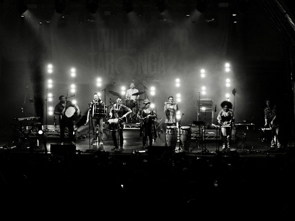 The Cat Empire members leave their normal instruments to gather and play a collection of drums, photographed in black and white.