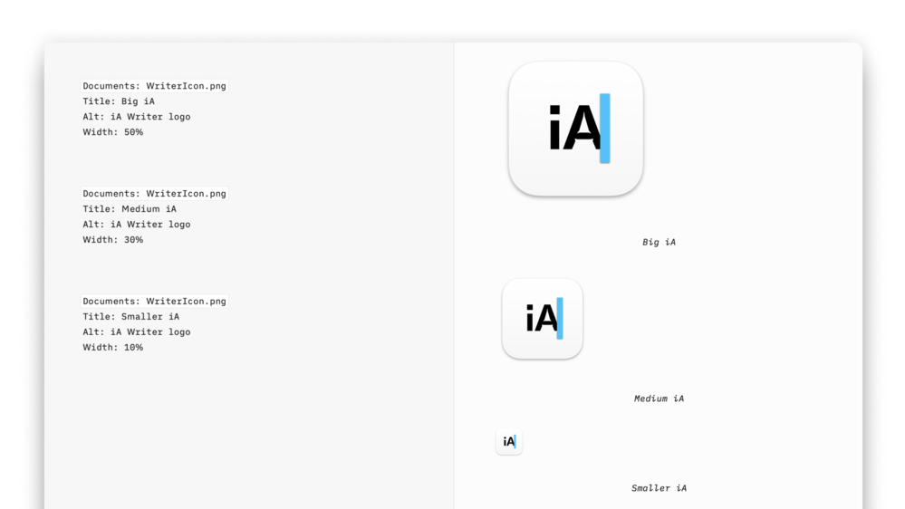 iA Writer for Mac: the iA logo in different sizes in Preview, thanks to the Content Blocks metadata.