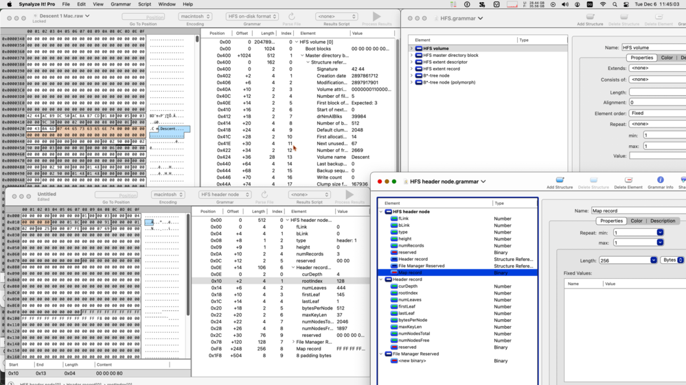 Screenshot of two documents open in Synalyze It!, with two grammars also open. One document is a disk image that's been assigned the “HFS on-disk format” grammar, and is showing values from the volume header, such as the volume name. The other is pasted data with the “HFS header node” grammar, showing values from the header node of this volume's catalog tree.