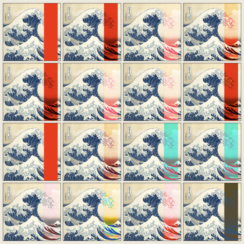 A screenshot from the linked site.  It shows 16 copies of a detail from Hokusai’s woodblock print “The Great Wave off Kanagawa”, arranged into a 4x4 grid.  Each copy has a red vertical stripe covering a portion of its right side, but in each a different pixel blend mode is used to combine the red strip and the detail.