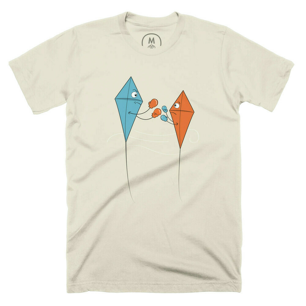 Two kites are shown wearing boxing gloves, facing off against one another in the sky. It's a visual pun for the kite fighting activity. This photo shows the design on a cream tee.