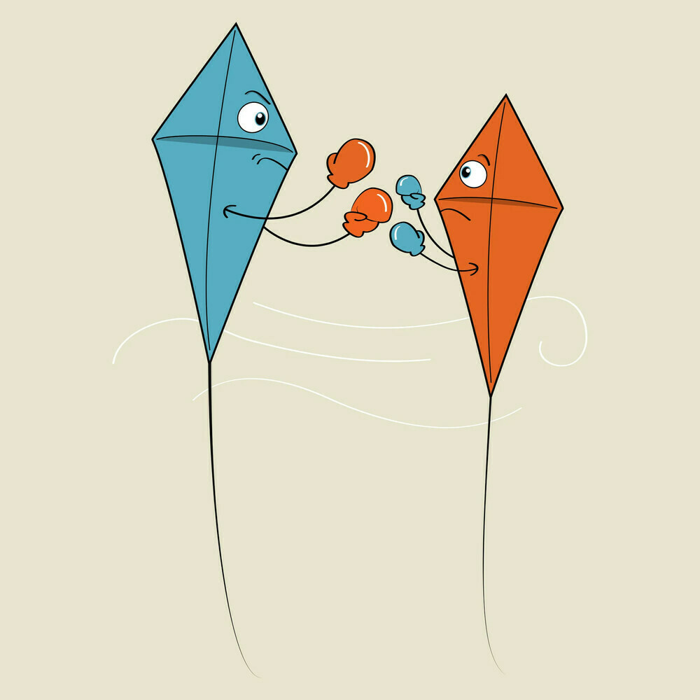 Two kites are shown wearing boxing gloves, facing off against one another in the sky. It's a visual pun for the kite fighting activity. This photo shows the design cropped to a cream square.