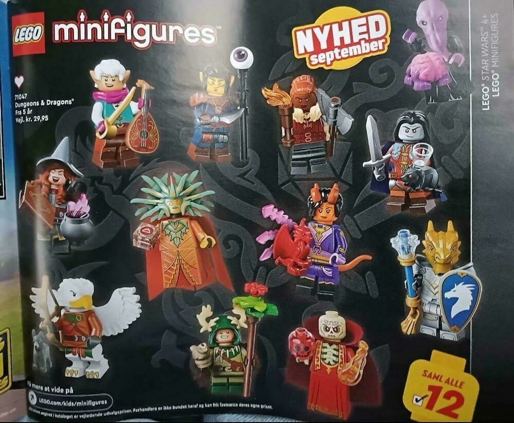 Various LEGO minifigs depicting D&D races, classes, characters. tieflings, druids, mindflayer, aarakocra and more. Colorful, lots of props, pets and gear items