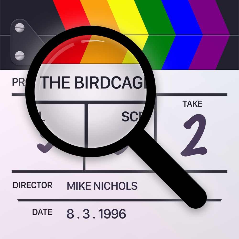 A clapperboard with rainbow stripes showing a film called “The Birdcage” from 1996.